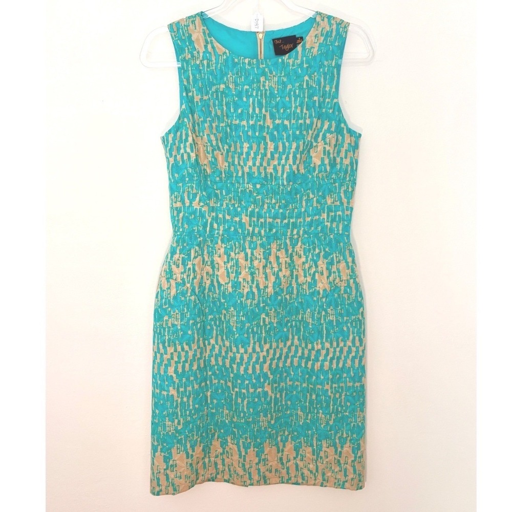 Just Taylor Turquoise Tan Jacquard Sleeveless Sheath Dress Back Cutout Size 4